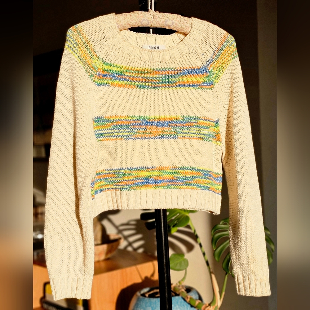 Re/Done Baby Stripe Crewneck Cropped Sweater SIZE S